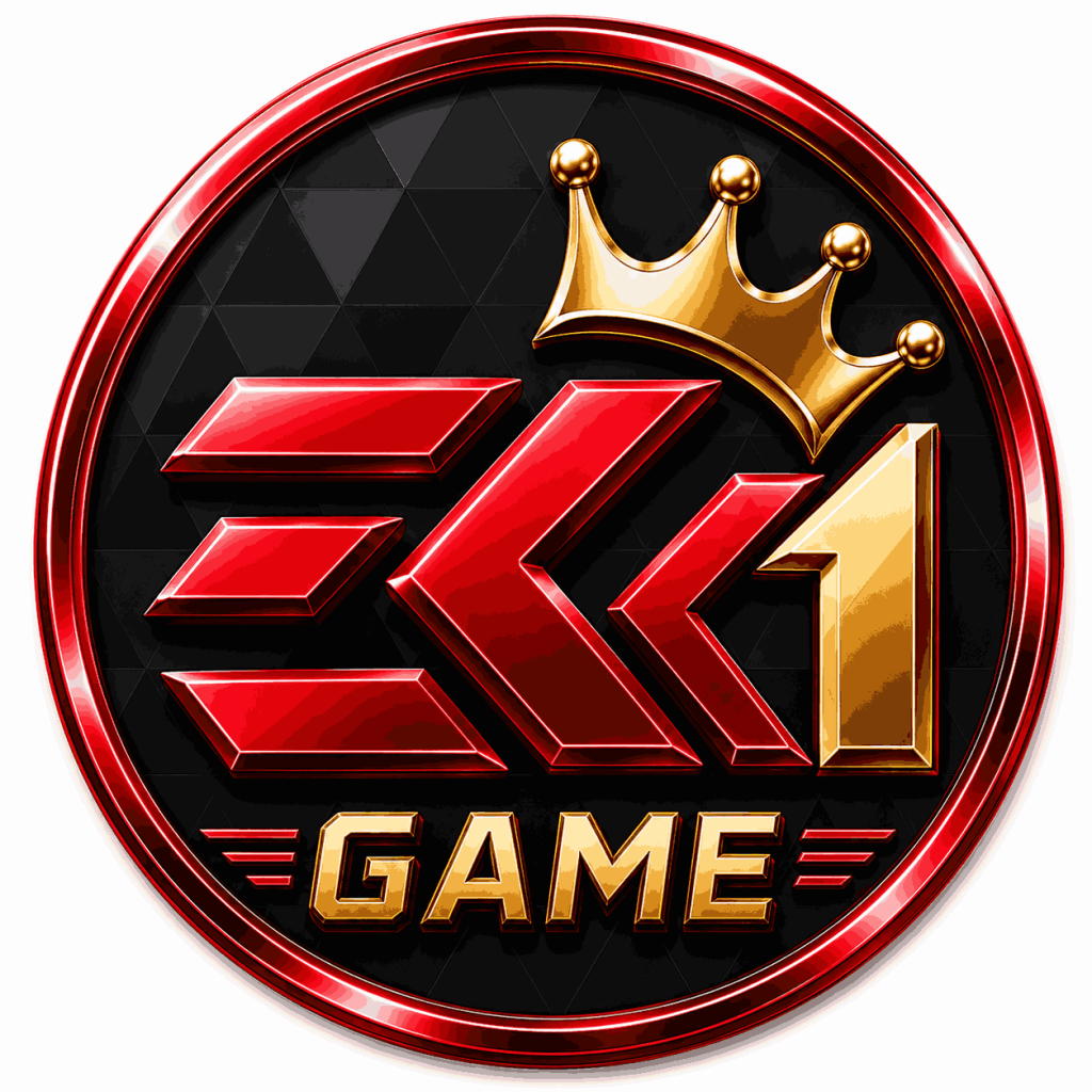 EK1 Game premium logo featuring a red metallic EK design, golden number 1, gold crown, and black circular gaming emblem.
