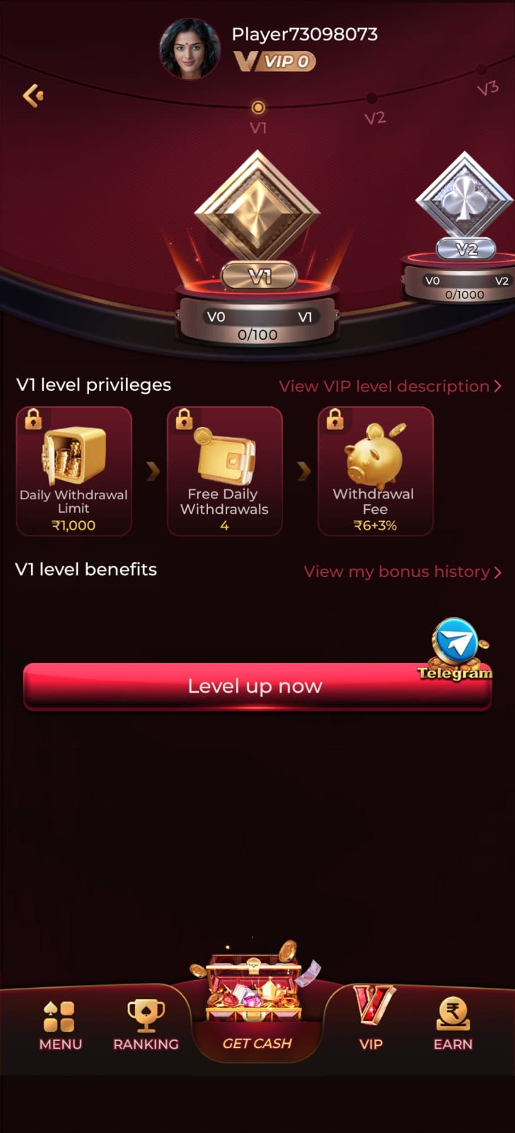 EK1 VIP membership screen displaying V1 level benefits, withdrawal limits, free daily withdrawals, and VIP upgrade progress.