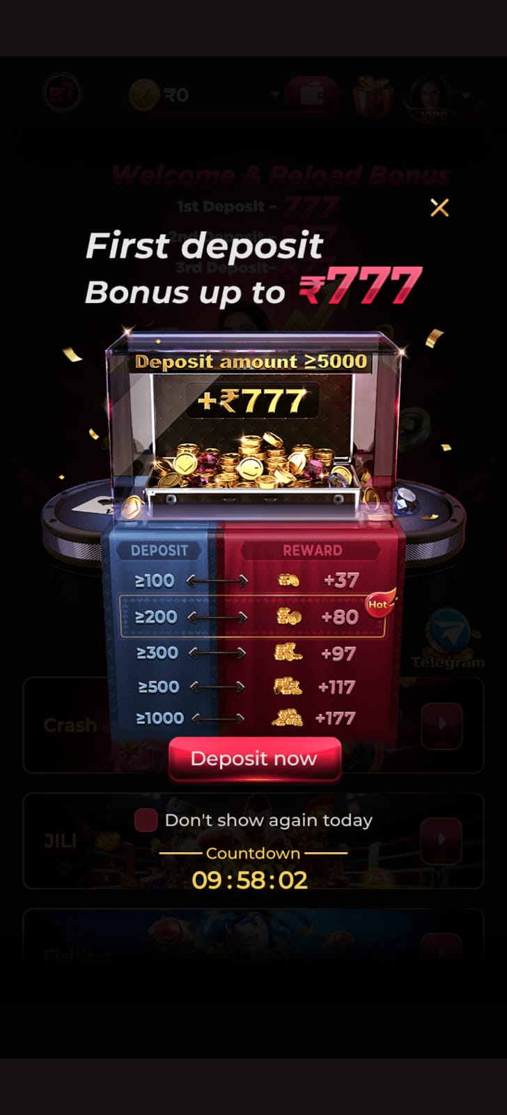 EK1 first deposit bonus promotion offering rewards up to ₹777 with bonus tiers based on deposit amount.