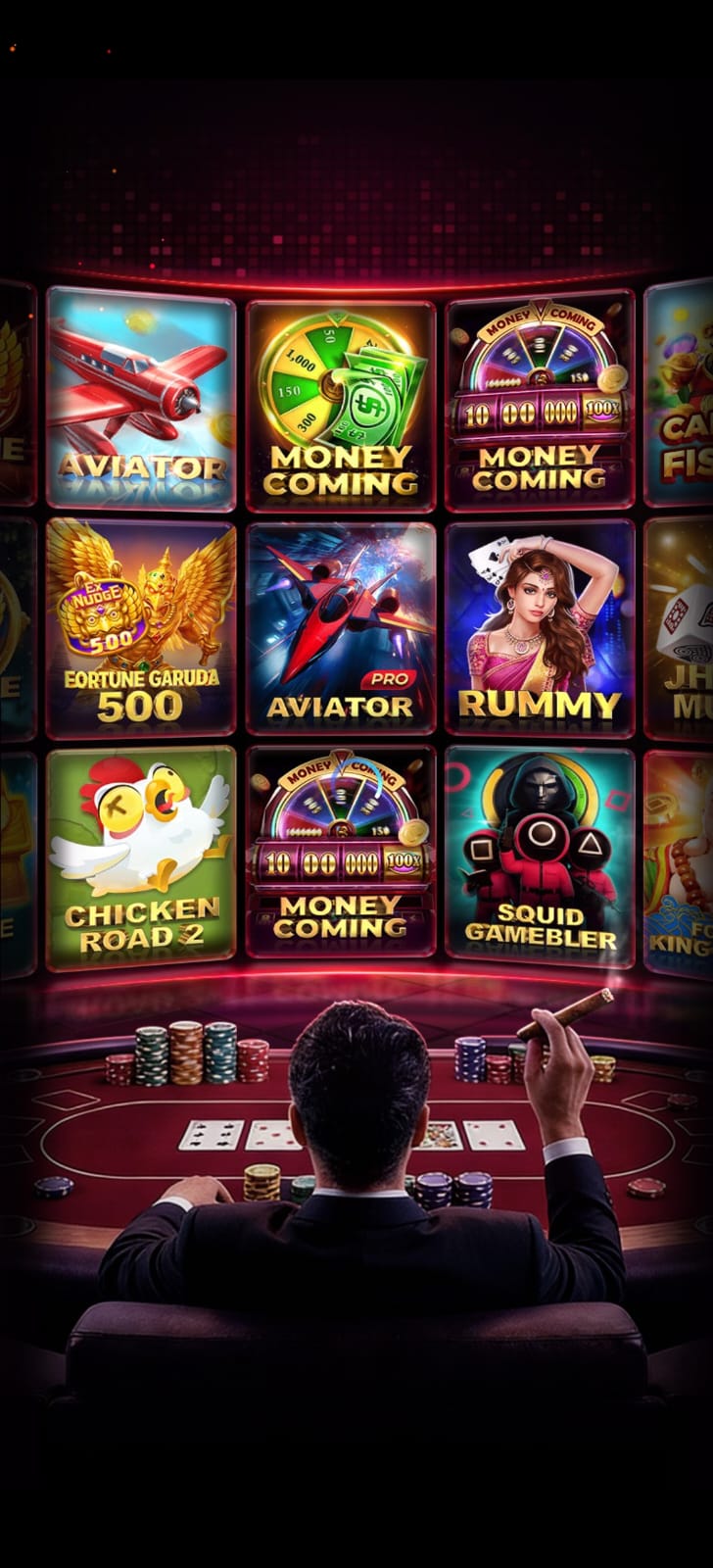 EK1 gaming platform featuring Aviator, Rummy, Chicken Road, Money Coming, Fortune Garuda, Squid Gambler, and other casino games.